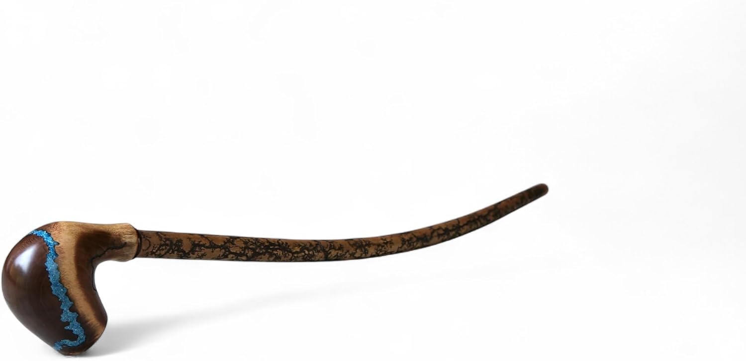 Handcrafted Wooden Tobacco Pipe with Turquoise Inlay, Long Curved Bent Stem Smoking Pipe for Tobacco, Unique Handmade Gift for Men