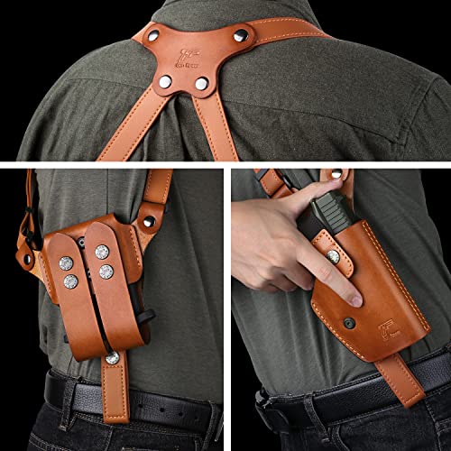 Handmade Universal Leather Shoulder Holster Compatible With Glock 17/19, 1911, Taurus G2C/G3C, M&P 9, Sig P220/P226, 92Fs, And More, Vertical Concealed Holster With Double Mag Holster, Right Hand #TOP5