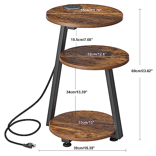 BEWISHOME Rustic Round End Table with Charging Station and 3-Tier Shelves for Living Room and Bedroom