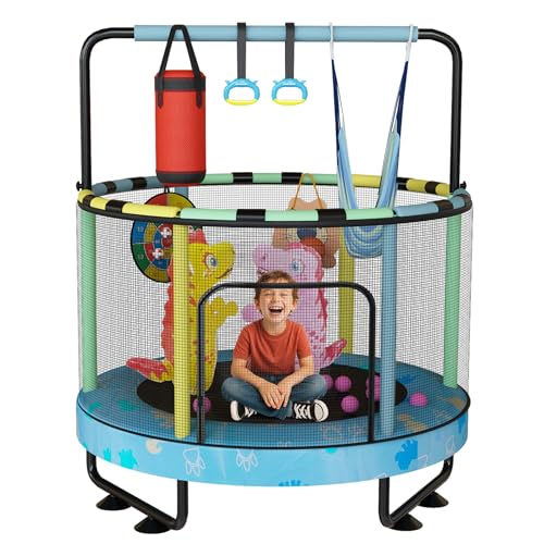 Trampoline for Kids Bouncing Trampoline for Toddlers Fun ASTM-Approved Mini Playground with Safety Enclosure Net 500lbs Capacity Ages 1-8 Adjustable Handrail 7-in-1 55