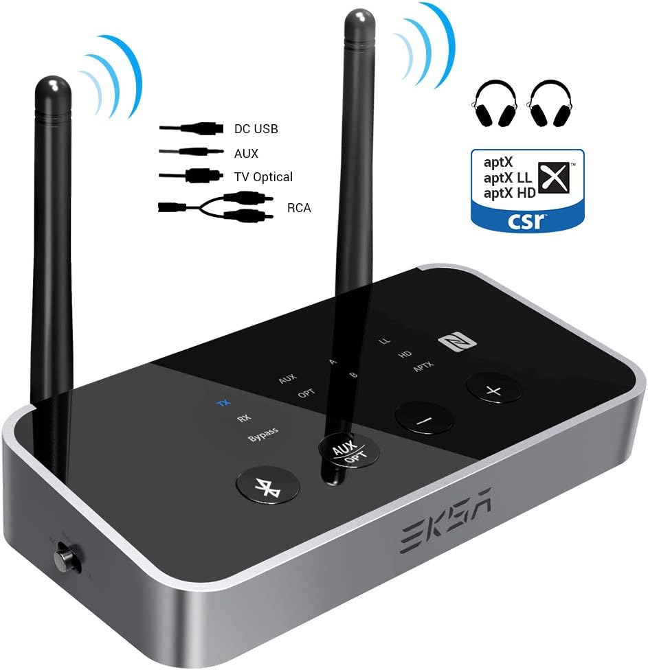 EKSA Bluetooth 5.0 Transmitter&Receiver, Long Range with Wireless 3.5mm Audio Adapter for TV Audio, PC or Home Stereo Speakers, Dual Link, aptX Low Latency, Home Sound System