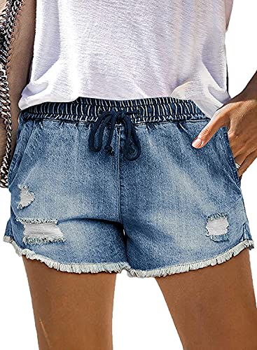 Onlypuff Drawstring Cargo Denim Shorts Plus Size Hot Shorts For Women Jean Shorts Distressed Cuffed Light Blue Xxl cover