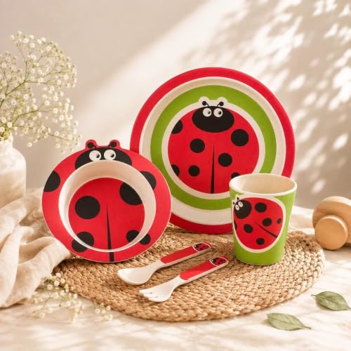 Image of Kids /Baby Feeding /Dinner Set of 5 |Kids Crockery Set Tableware |Baby Utensils and Dishes Set | Eco-Friendly |Organic & Natural (Lucky Ladybug)
