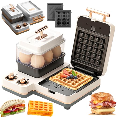 6 en 1 Fabricante de Desayuno, Caldera de Huevo de 1200W eléctrica con sándwich extraíble y Placa de gofres, sartén de ebullición de 1.2L, Fabricantes de gofres y planchas A