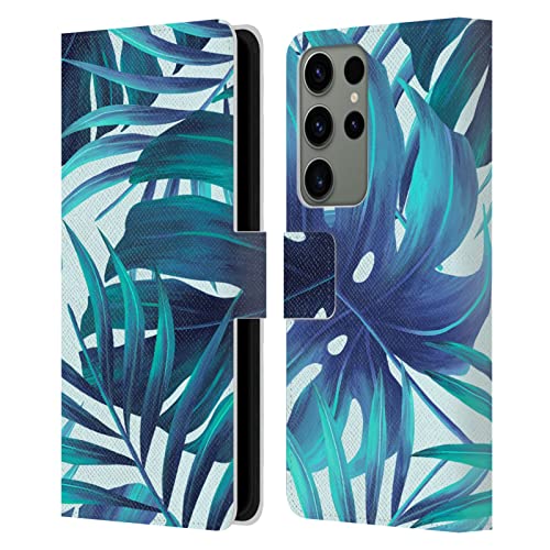 Étui Galaxy S23 Ultra Haroulita Bleu Feuilles 2 Housse Portefeuille en Cuir