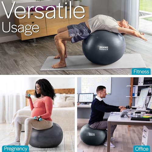 Image of Core Balance Exercise Ball, Stability Ball for Yoga, Pilates and Fitness, Gym Ball for Home Gym and Office Chair, Training, Physical Therapy, Anti Burst, Pump Included, 55cm 65cm 75cm 85cm
