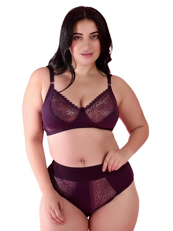 Vale Era Bridal Honeymoon Cotton Designer Bra Panty Set Lace Push Up Non-Wired Solid Lingerie Lace Bra and Hipster 50MM Broad Belt Panty Set for Women and Girls Lingerie Set Wine-picture-22