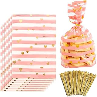 100 Pack Cellophane Bags, Food Gift Bags Resealable Flat Cello Bags with Twist Ties Pink Party Bags for Popcorn Cookies Dessert Birthday Party Christmas Gift Wrapping