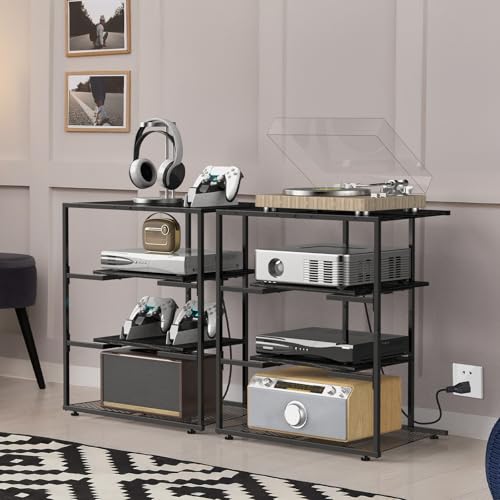 YBING 4-Tier AV Media Stand, Stereo Stand Cabinet, Media Shelf, Video Game Console with Charging Station, Record Player Stand, Corner TV Shelf, Black Entertainment Center for TV - Image 3