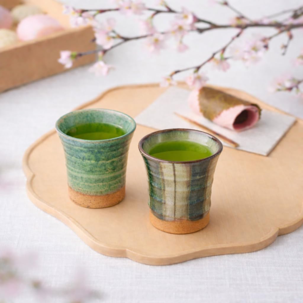 TAKEMI Japanese Sake Cup Set, Mino Ware Guinomi Ceramic Cups with Wooden Box, Traditional Pottery for Sake Tea, Handmade in Japan (Seian-gama Sake Set (5cups), Cup Size (4.9 fl oz - 145 ml))