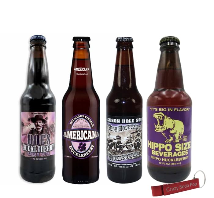 Huckleberry Soda Variety Sampler Pack | Premium Crafted Variety Pack from Around USA | Includes Crazy Soda Pop Bottle Opener (4 Pack)