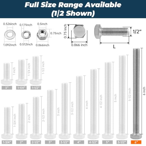 Image of 4 Sets Glvaner 1 /2-13 x 6 Stainless Steel Hex Head Screws Bolts, Nuts, Flat & Lock Washers, 18-8 (304) Stainless Steel, Full Thread, Coarse Thread