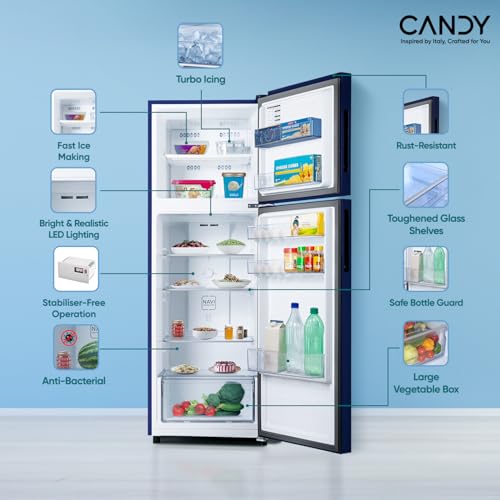 Image of Candy 240 L 2 Star Frost Free Double Door Refrigerator with Flower Pattern,Auto frost, large Fruit & Vegetable Space (Marine Blaze, CDD2652EMB)