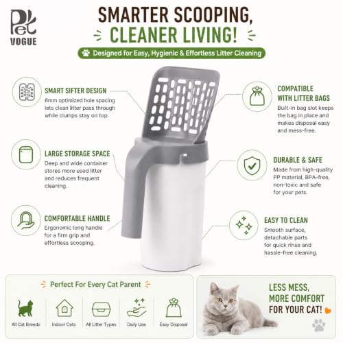 Image of PetVogue Cat Litter Scooper with Built-in Waste Container | One-Handed Cat Litter Scoop | Portable Deep Shovel | Durable Plastic Kitty Litter Cleaner | Easy Sifting Cat Litter Cleaning Tool