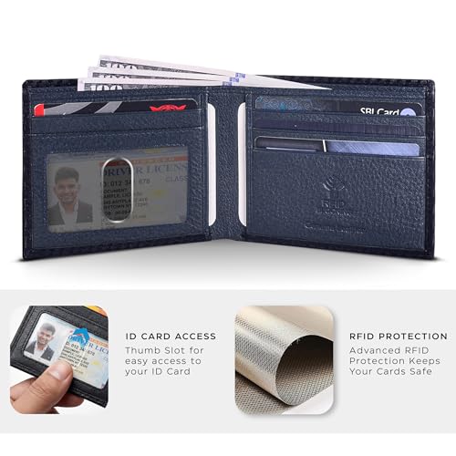 Image of Oak Leathers Slim Leather Wallet for Men - RFID Blocking Slim Minimalist Front Pocket - Thin & Stylish with ID Window, Gift For Men (Black Carbon /Navy)