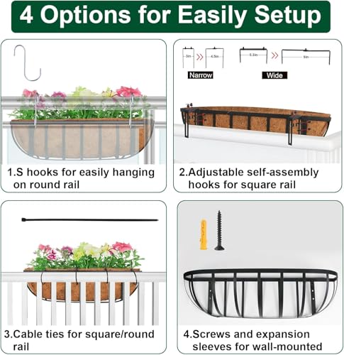 Image of DUNCHATY 24 Inch Railing Planter 3 Pack - Adjustable Metal Window Box Planter with Coco Liner for Deck Balcony Porch Fence - Outdoor Hanging Flower Basket for Herbs & Flowers