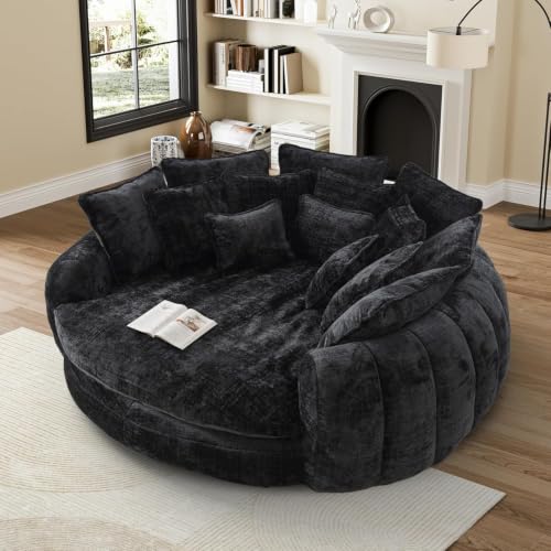 Image of 81 inch Round Sofa Bed Big Bean Bag Round Chaise Lounge Oversized Round Couch Boneless Reading Chair Plush Fluffy Chenille Large Chaise Chair for Living Room, Bedroom, Apartment, Black