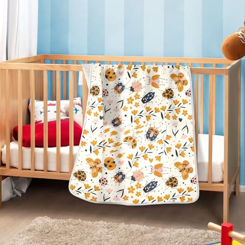 Image of Insects Bugs Beetles Cute Baby Swaddle Blanket for Boys Girls, Butterfly Ladybug Maple Leaves Muslin Baby Receiving Swaddle Blanket, Soft Cotton Nursery Swaddling Blankets for Newborn Toddler