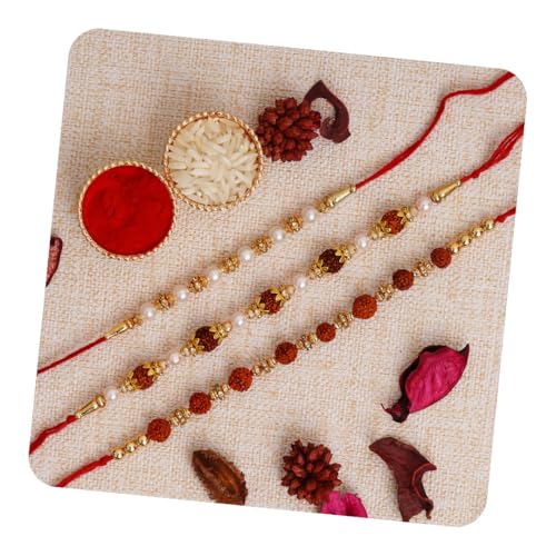 Image of eCraftIndia Set of 3 Pearl Diamond Rudraksha Designer Rakhis for Brother Bhaiya Bhai | Roli Chawal Pack | Raksha Bandhan Rakhi