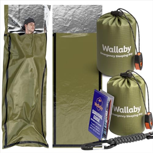 Wallaby 2-Pack Emergency Mylar Sleeping Bags with Nylon Pouches Whistle Pull & Paracord with Carabiners Free Survival Guide Hiking Survival (Green)