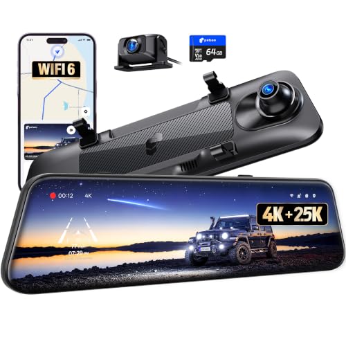 Image of Pelsee S12 Native 4K + 2.5K Mirror Dash Cam, 64GB Card Included, GPS | 8MP Starlit Color Night Vision, Rear View Mirror Camera w / WiFi 6, 12 inch Touch Screen, Backup Assist for Cars Trucks Vans RVs