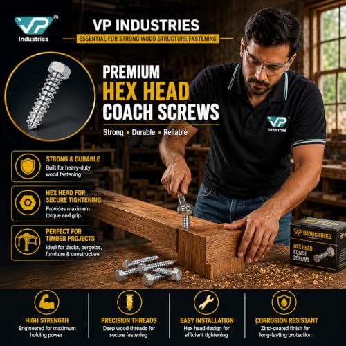 Image of Rely⇒VP INDUSTRIES (Pcs-15) M6.3x50 mm Hex Head Coach Lag Screws - White Zinc Plated Self-Tapping Wood Furniture Bolts for Beds, Cribs & Bunk Beds