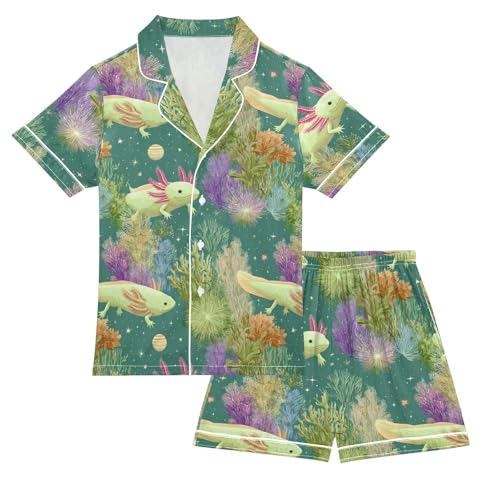 Satin Pajama Sets Short Sleeve Axolotl with Colorful Plants Button Down Silky Nightwear 2 Piece PJS 5-14Y