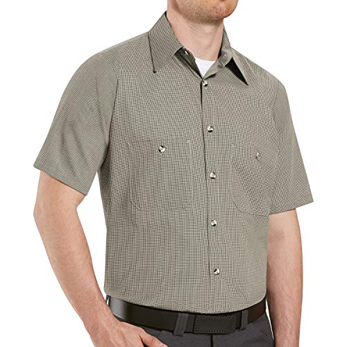 Red Kap Men's Geometric Micro-Check Work Shirt, Denim Blue Micro Check, Short Sleeve Large