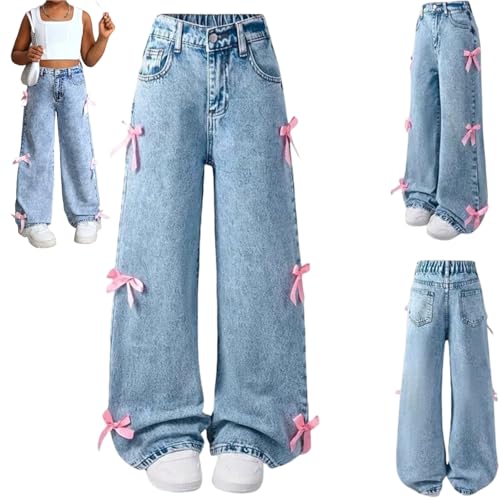 Girls Bow Wide Leg Baggy Denim Pants,Teen Casual Cute Wide Leg Jeans,Kids High Waisted Washed Jean Straight Leg Trouser (US, Alpha, Large, Regular, Light Blue)