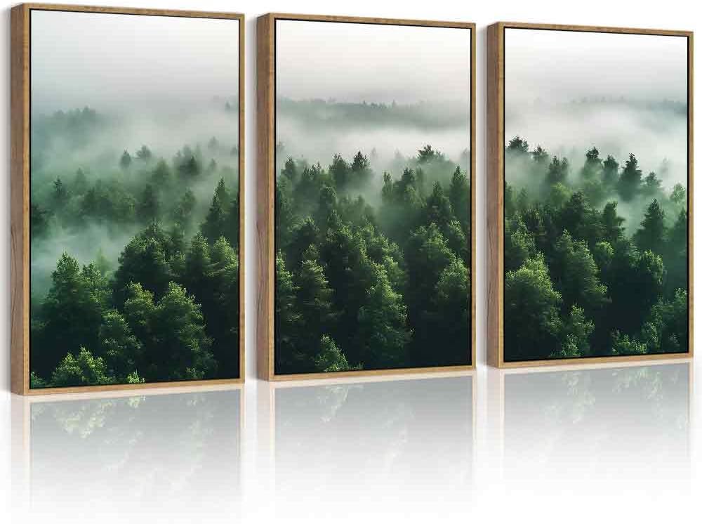PHOPAGO Green Fog Pine Tree Framed Wall Art Large 16x24in Nature Misty Nordic Forests Artwork Morden Paints Bedroom Living Room Home Decor - Natural Framed Green Forest Framed 24L" x 16W" x 3 Pcs Natural