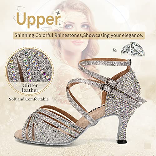 Women's Latin Dance Shoes Open Toe Rhinestones Salsa Bachata Performance Ballroom Dancing Shoes,Model YC-D27-Suede Sole-3” Heel4