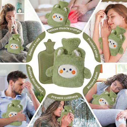Image of Plush Hot Water Bottle with Soft Cover & Hand Warmer Sleeve 1000ML Heating Bag for Period Cramp, Back Pain & Muscle Aches, Hot & Cold Compress for Shoulder, Stress, Injury & Swelling (Olive Green - Puppy)