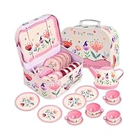 Fairy Toona Floral Tea Party Set for Little Girls Ages 3-6, 15-Piece Pretend Play Kitchen Toys with Teapot, Cups, Plates & Storage Case, Princess Gift Set (Pink)