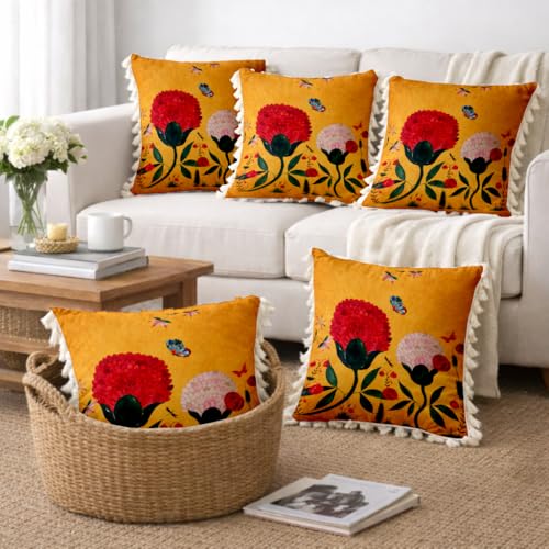 Image of STITCHNEST 'Little Meadow Series' Tassled Cushion Cover | Set of 5 | Floral Cushion Cover 16 inch x 16 inch