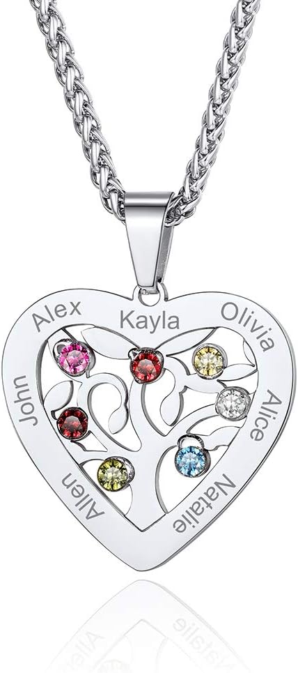 2-7 Name Personalised Necklace,S925 Silver/316L Stainless Steel Heart/Tree/Birthstone Necklaces for Women Mother Family Friendship Gift (with Gift Package)