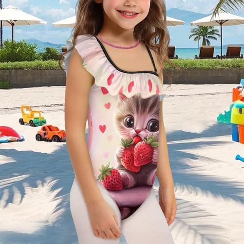 Image of Ladybug Swimsuits for Girls 5-14 One Piece Bathing Suit Kids One Ruffle Shoulder Beach Sport Swimwear