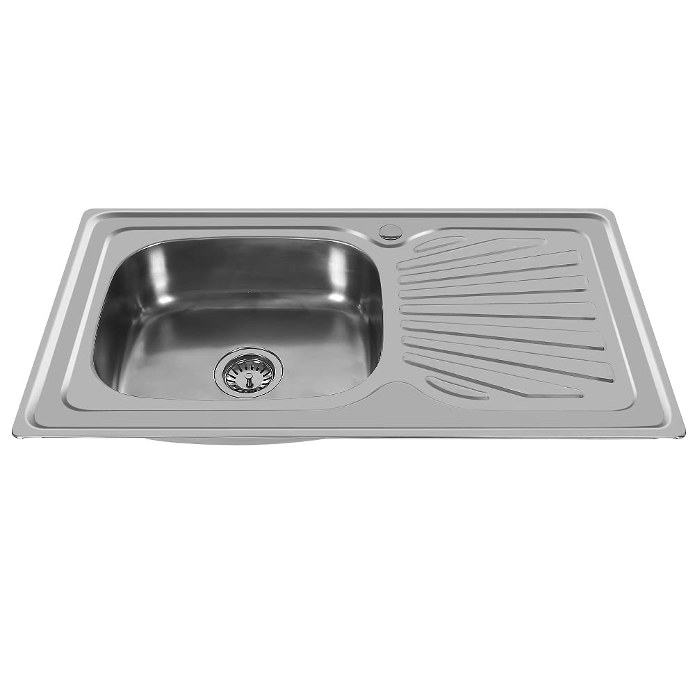 Fregadero de acero inoxidable, fregadero de cocina de acero inoxidable, con tubo de drenaje, fregadero 1 lavabo, instalación integrada, fregadero, fregadero primario empotrable (90 x 50 x 15 cm)
