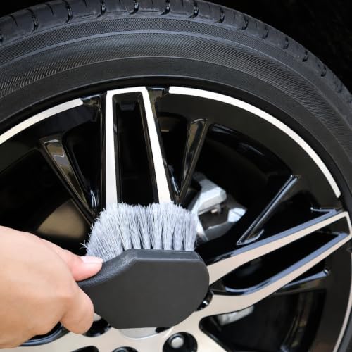 Image of Wheel & Tire Brush for Car Rim, Soft Bristle Car Wash Brush, Cleans Tires & Releases Dirt and Road Grime, Short Handle for Easy Scrubbing Black