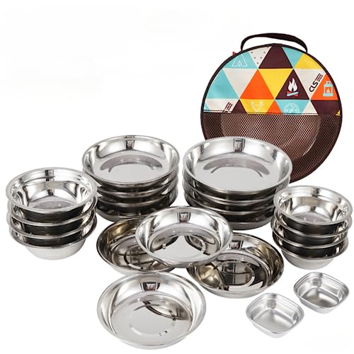 Stainless Steel Plates and Bowls Camping Set Portable Dinnerware Set Dinnerware kit for Kids, Adults, Family Camping Hiking Picnic BBQ Beach Outdoor with Travel Bag (22pcs)