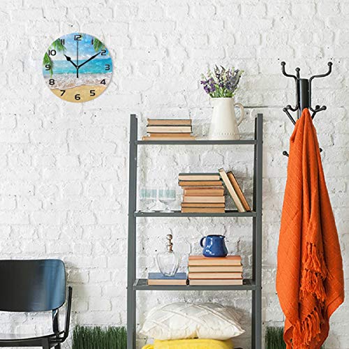 Qilmy Beautiful Palm Sea Beach Wall Clock Non Ticking Silent Art Decorative Round Clock For Living Room Kitchen Bedroom Office School #TOP3