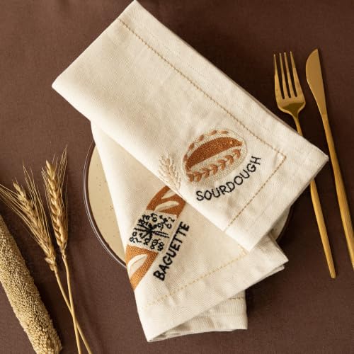 Image of Sourdough & Baguette Embroidered Napkins Set of 6,18x18 Inch, Reusable & Washable Napkins for Dining Table, Tea, Cocktails & Table Decor - Artisan Bakery Embroidered