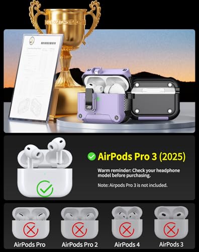 Image of Pohgelan for AirPods Pro 3 Case with Safety Lock-Purple | Magnetic Automatic Lock with Cleaning Kit&Keychain,Compatible with Magsafe