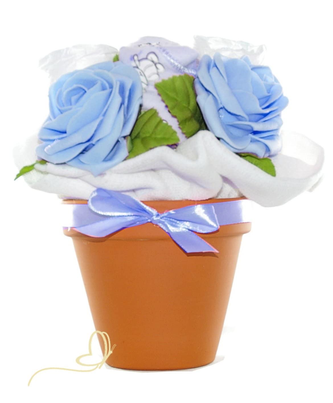Baby Blumentopf | Windeln, Babytextilien und Rosendeko - Baby Blumenstrauß | Geschenk zur Babyparty Babyshower & Geburt (blau)