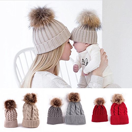 2PCS Parent-Child Hat Warmer, Mother & Baby Daughter/Son Winter Warm Knit Hat Family Crochet Beanie Ski Cap Khaki
