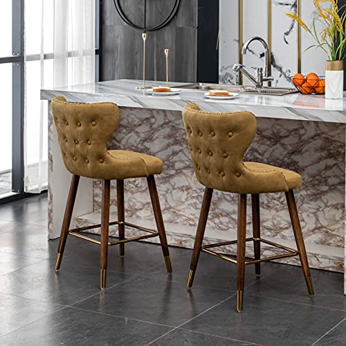 Roundhill Furniture Nevis Mid-Century Modern Faux Leather Tufted Nailhead Trim Counter Stool Set Of 2, Yellow #TOP3