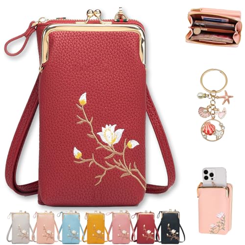 Indefinitet Women Sling Cross-Body Wallet with Mobile Cell Phone Holder, Declrationun Embroidered Leather Crossbody Purse