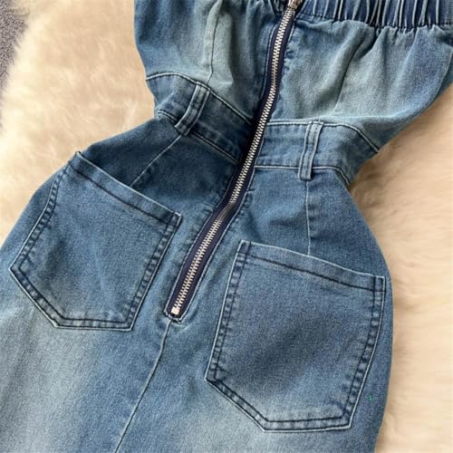 Robe en jean sans bretelles ligne A avec dos nu plongeant