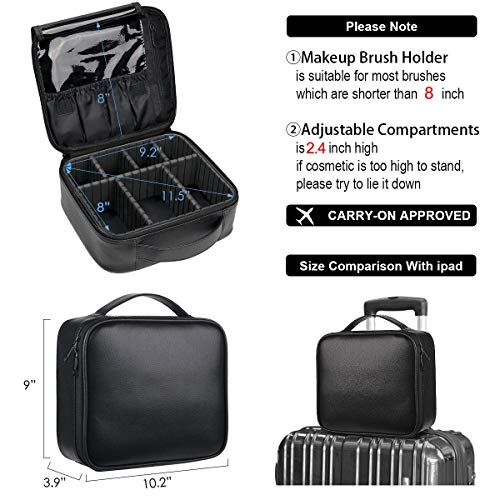 VASKER Makeup Case Travel Makeup Bags Organizer for Women Professional Leather Cosmetic Bag Train Case Box Storage Black Portable Brush Holder with Adjustable Divider Gift for Girl Women