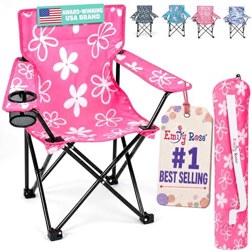 Emily Rose Kids Pink Folding Beach Camp Chair with Cup Holder Safety Lock & Carry Case - Toddler Girls Chair Ages 2-7 Indoor Outdoor Lightweight Portable - Floral Design 125lb Capacity