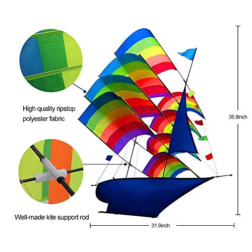 Tresbro Sailing Ship Kite Fly 37 inch, 3D Cool Huge China Kites for Kids and Adults, Awesome Rainbow Kites for Outdoor Travel Beach